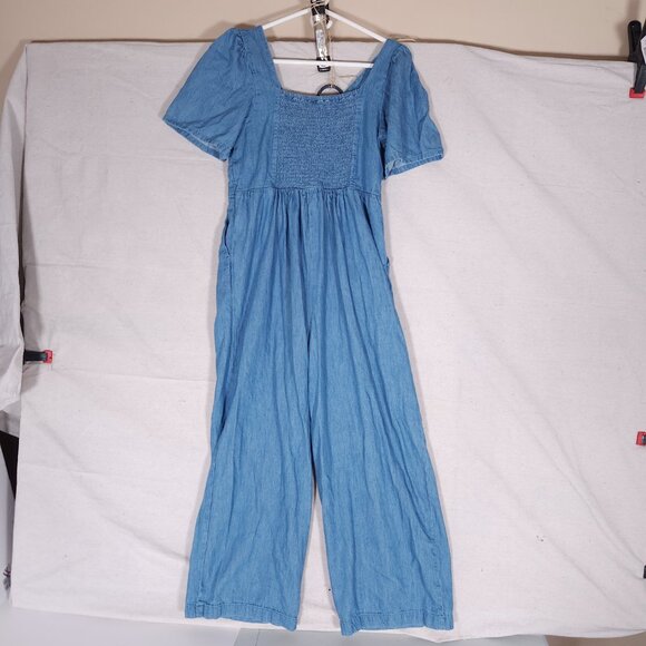 Old Navy Womens Denim Jumpsuit M Petite Blue Puff Sleeve Farmcore Cottagecore - Picture 2 of 13